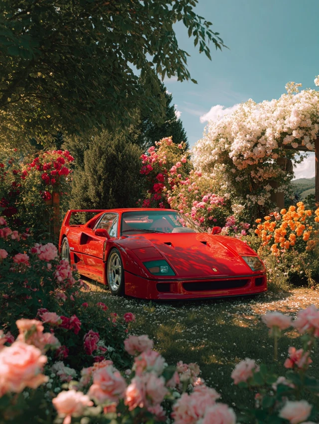 Ferrari F40 in Garden Roses Blue Sky Photography