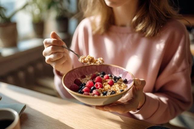 Woman Eating Quinoa Muesli with Berries Healthy Breakfast