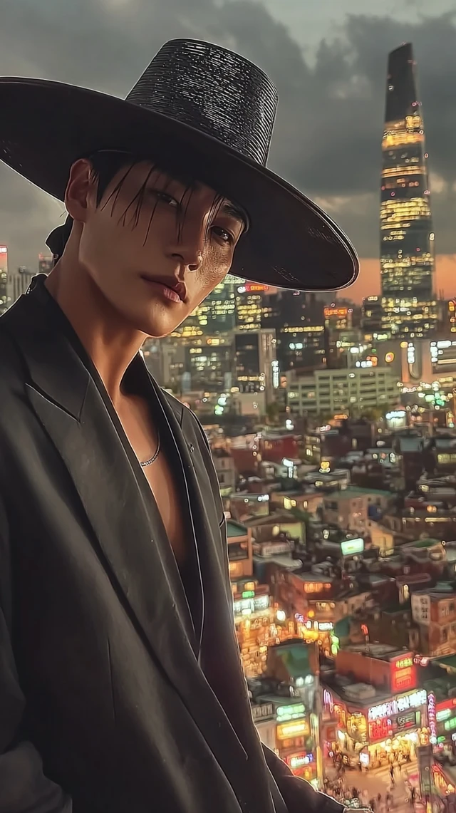Seoul Night Asian Man in Black Gat and Suit