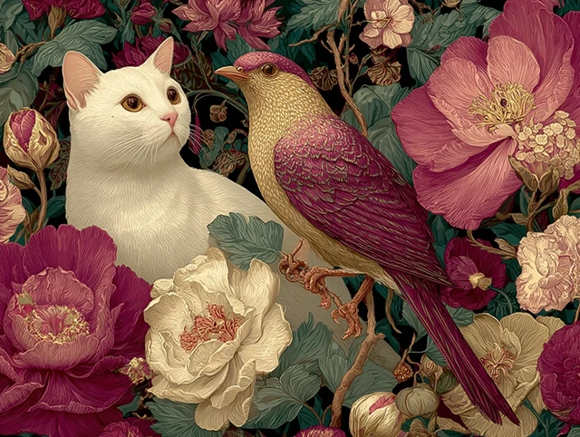 Thai Style Wallpaper with Birds and Flowers