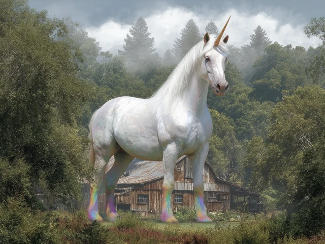 Giant Unicorn Overlooking a Barn in Nature