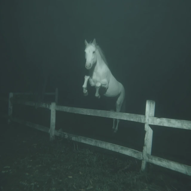 Creepy White Horse Jumping Fence at Night