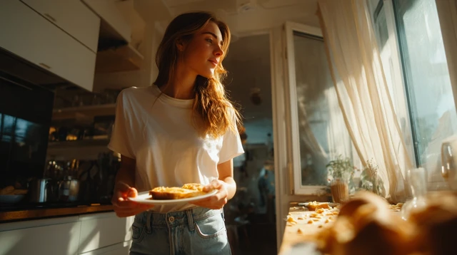 Young Woman with Sandwich in a Bright Kitchen
