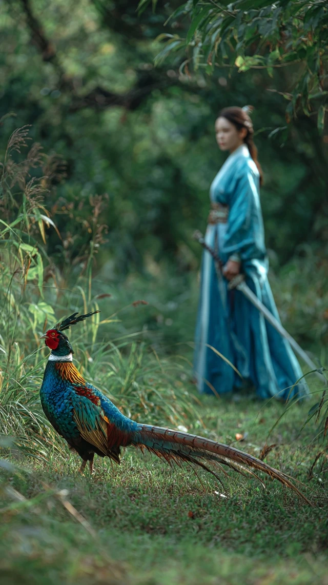 Golden Pheasant and Woman in Hanfu