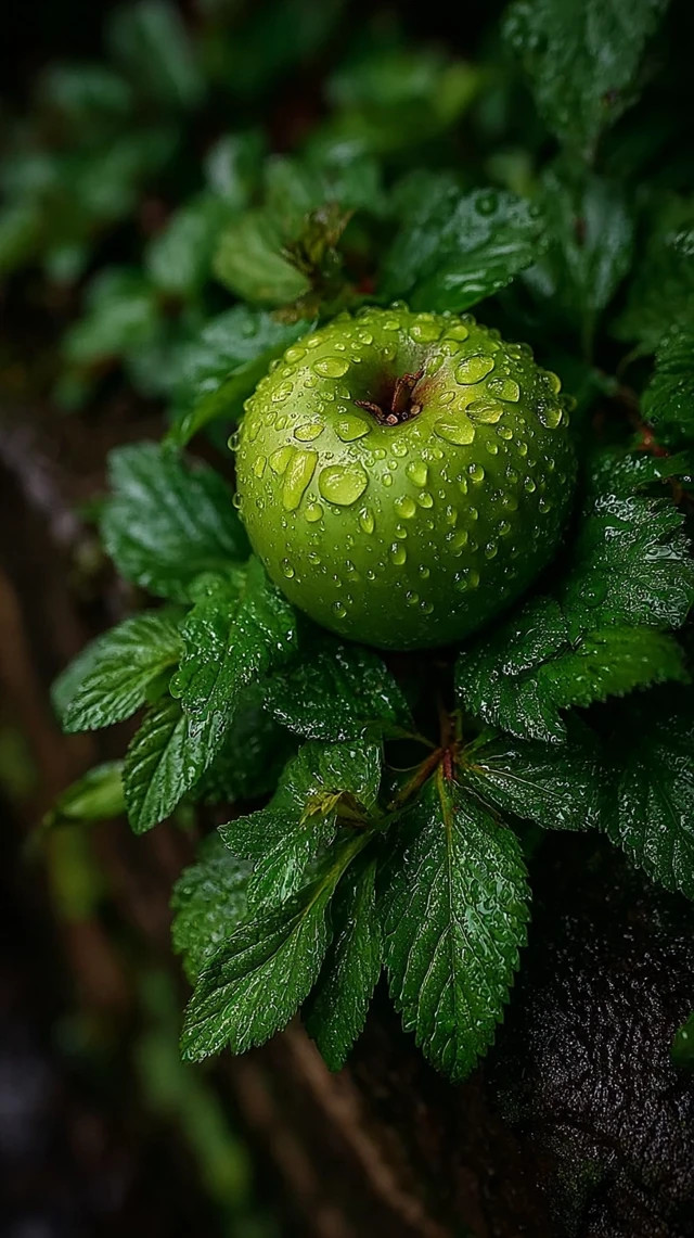 Green Apple with Water Droplets Nature Photography