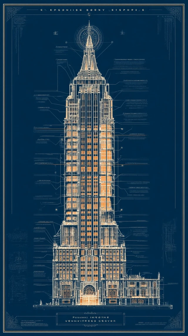 Art Deco Skyscraper Blueprint with Magical Secrets