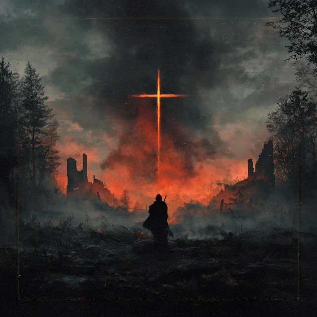 Metal Album Cover Battlefield Silhouette and Burning Cross