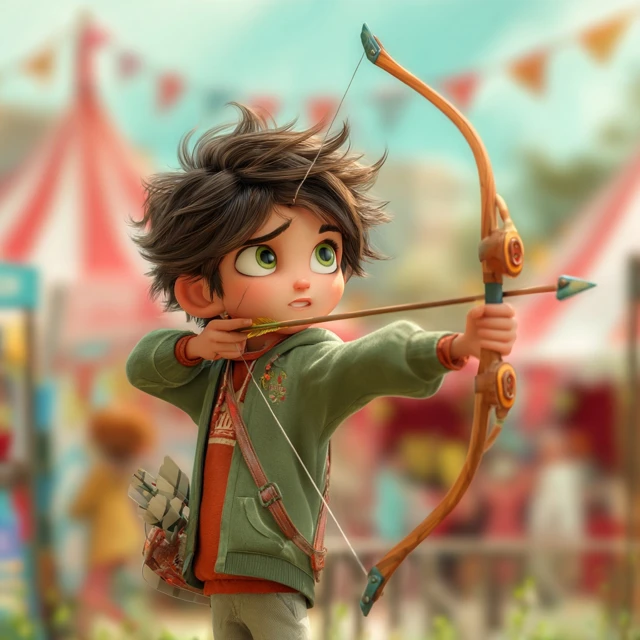 Pakistani Cartoon Boy Archery at Carnival Pixar Style