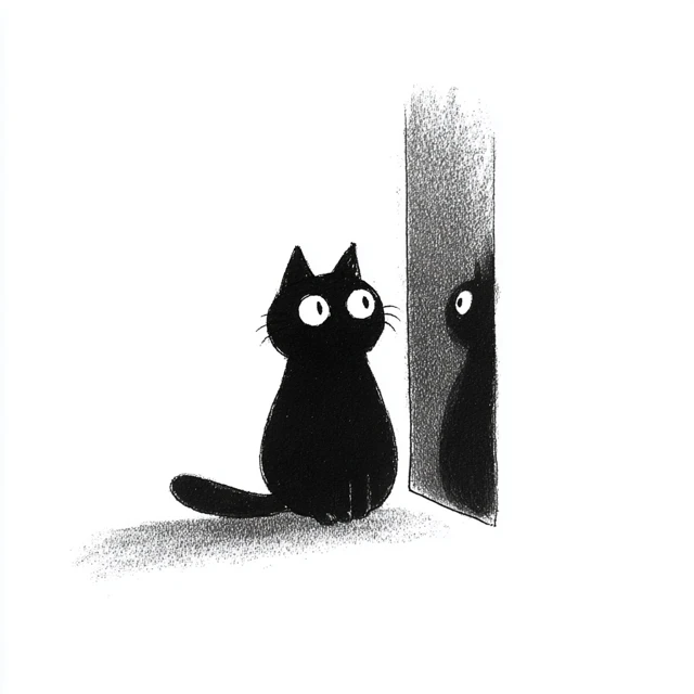 Black Cat in Mirror Minimalist Cartoon Illustration