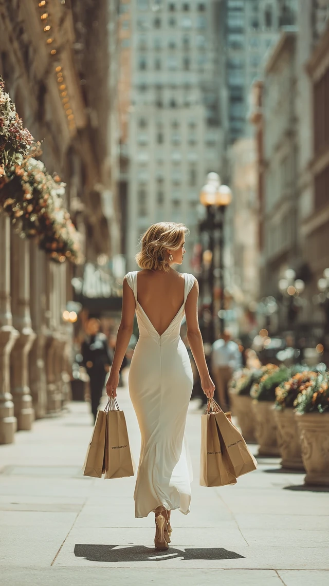 Elegant Woman in White Dress Shopping in Beige Street