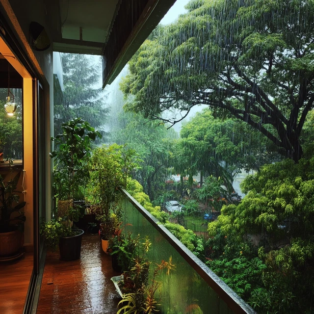 Rainy Balcony Serene Garden View Photography