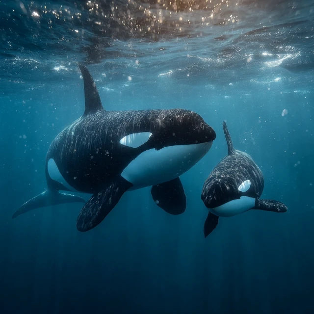 Orca Mother and Baby Underwater Scene