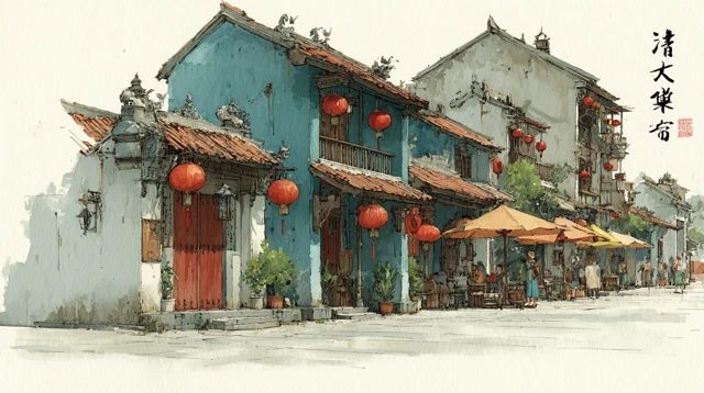 Thai Chinese Village Artistic Illustration