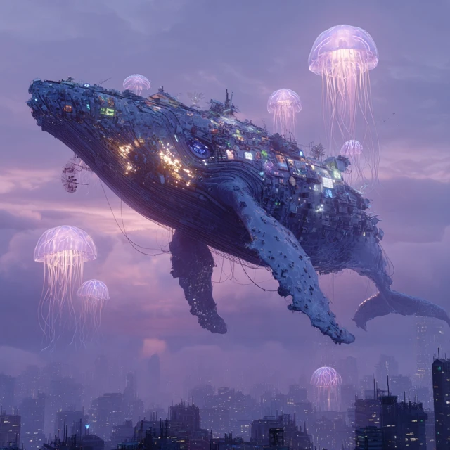 Cyberpunk Whale Above City