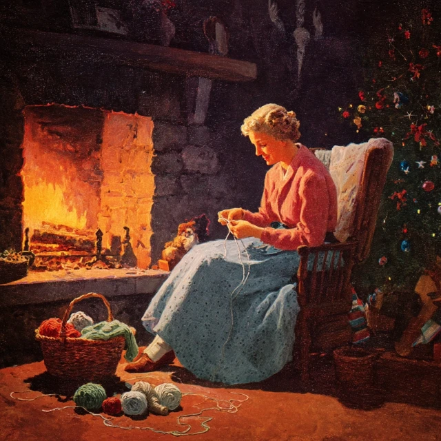 1940s American Painting Grandmother Knitting at Christmas