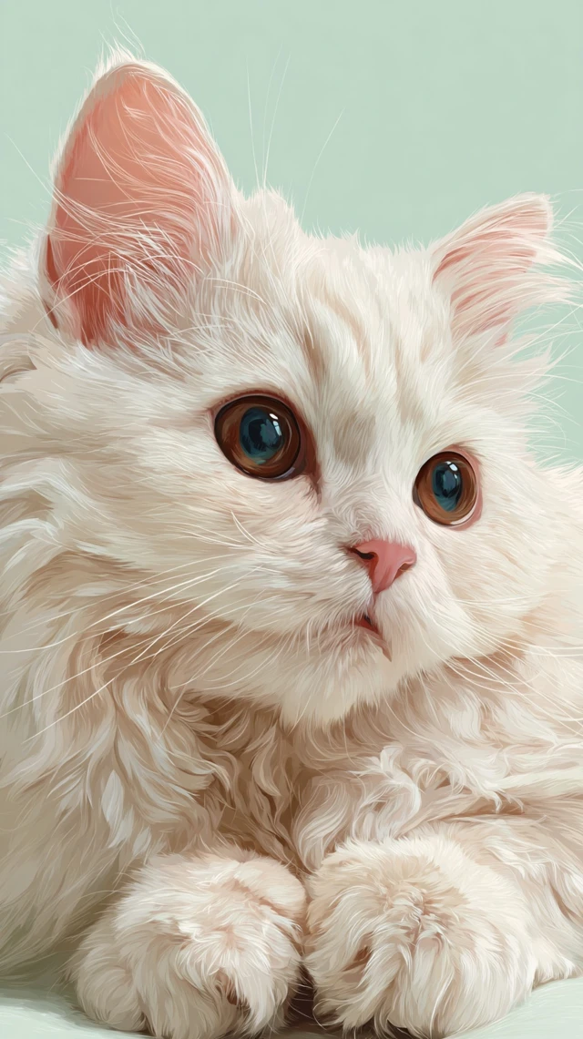 Adorable White Cat Portrait Fluffy Fur and Blue Eyes