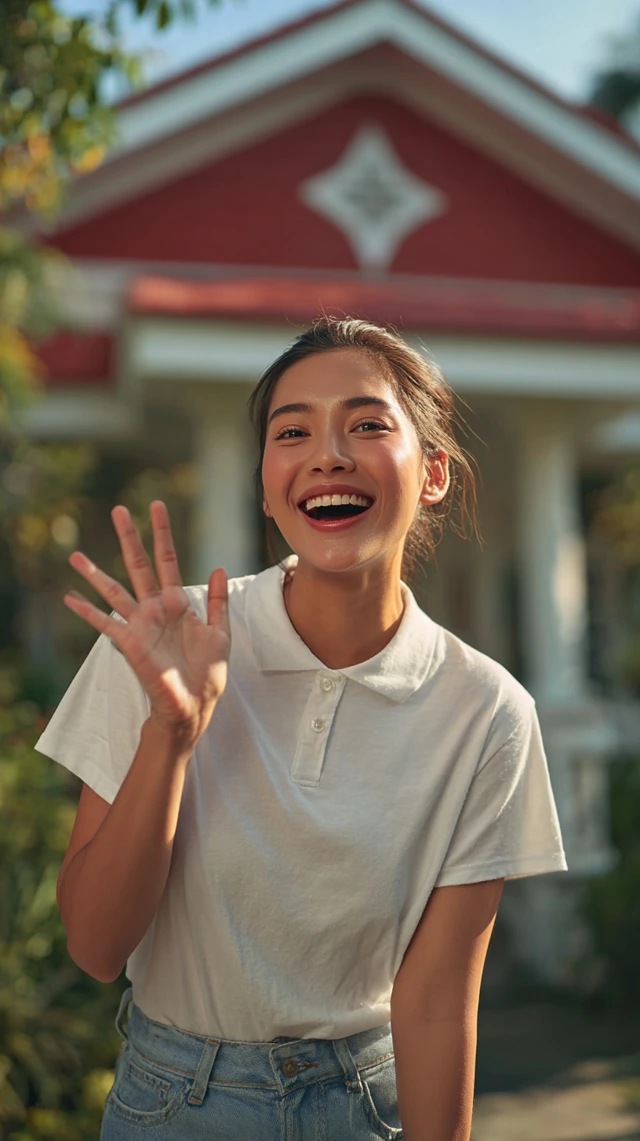 Filipino Woman Smiling Happy in Front of House