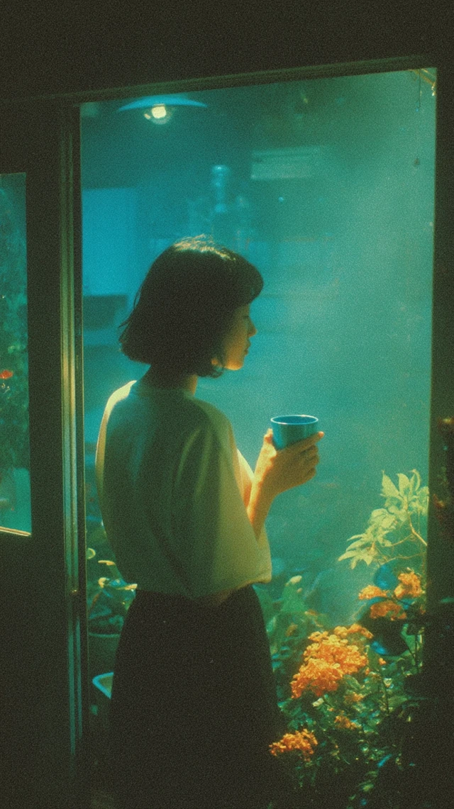 Night Scene Girl Window Moonlight Retro