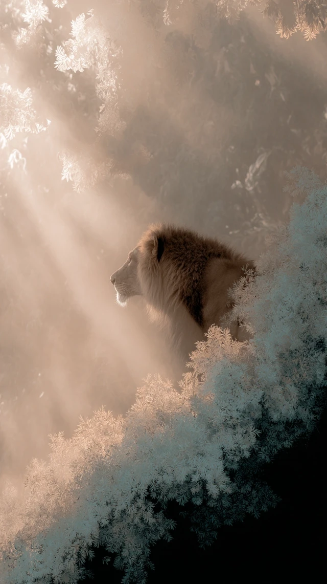 Majestic Lion Emerging from Shadowy Landscape