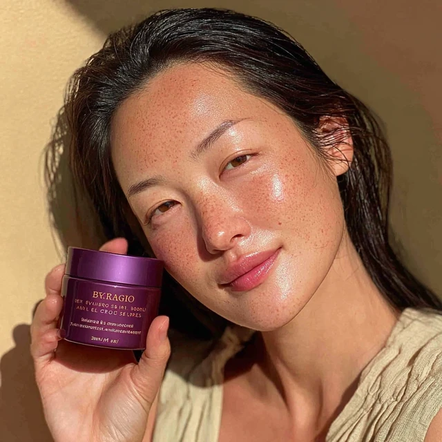 Asian Woman with Glowing Skin and Skincare Product