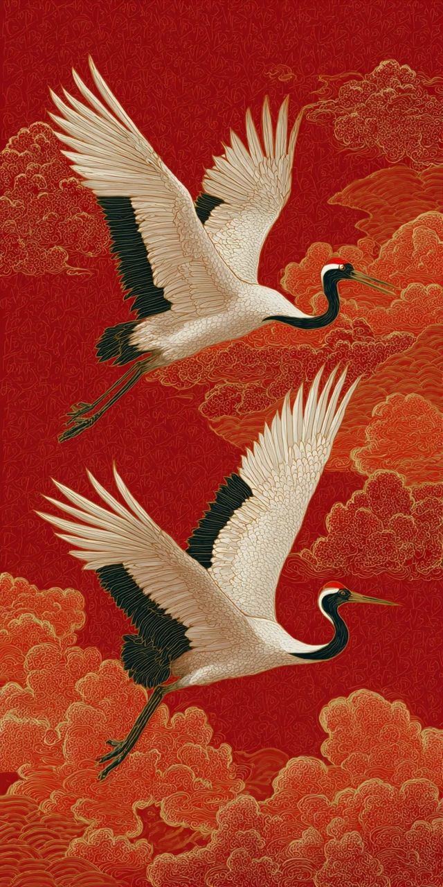 Red Crowned Cranes in Flight Chinese Art Painting