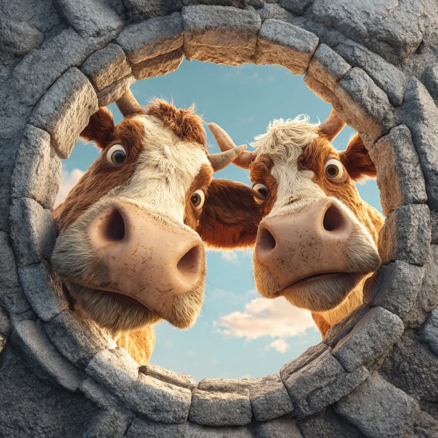 Curious Cows Through a Stone Frame 3D Cartoon