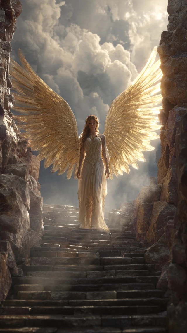 Angel with Golden Wings on Stone Staircase