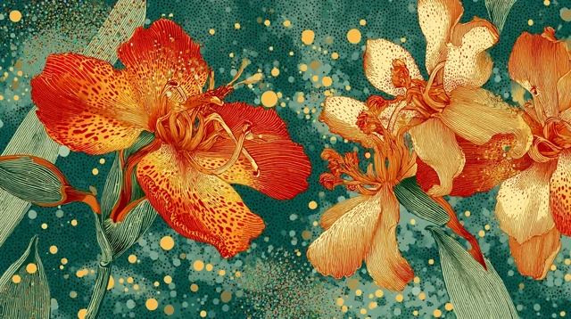 Whimsical Flower Illustration Japanese Woodblock
