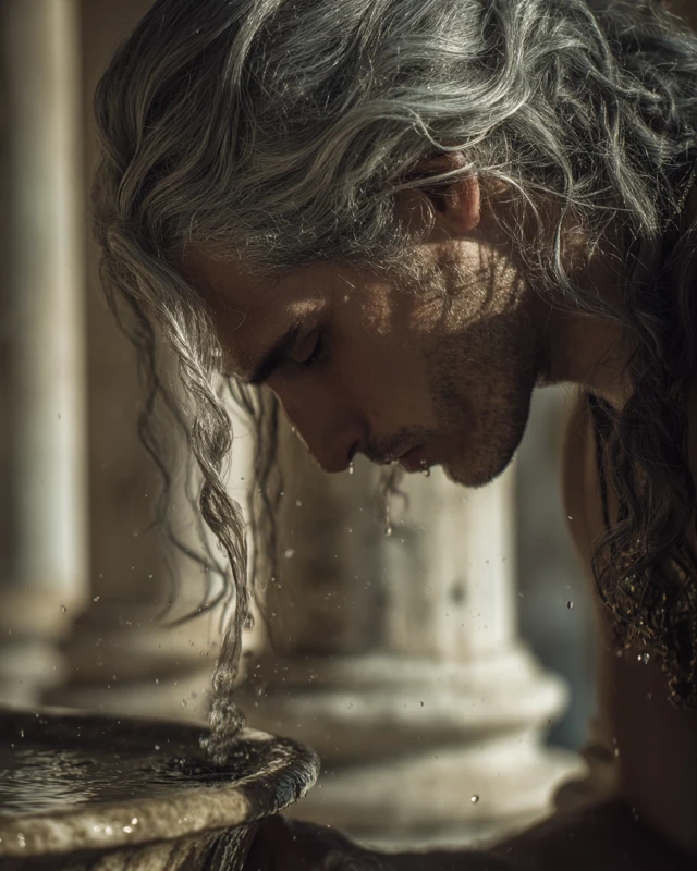 Greek Man Silver Hair Washing Face Ancient Setting