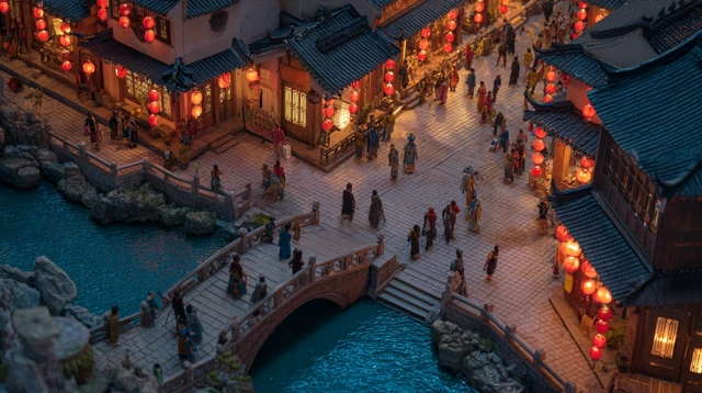 Ancient China Night Scene River Bridge Market 8K