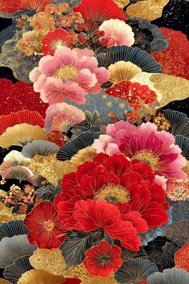 Japanese New Year Floral Pattern Gold and Red
