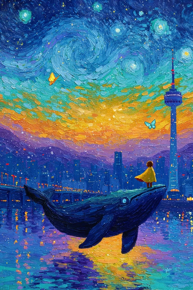 Little Prince on a Whale in Seoul Night Sky