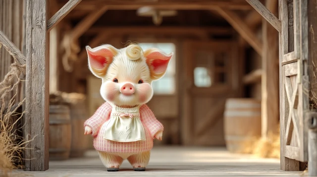Adorable Pig Cartoon in a Rustic Barn