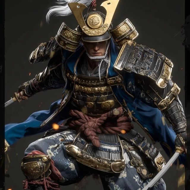Japanese Samurai in Armor Gold and Blue 3D Render
