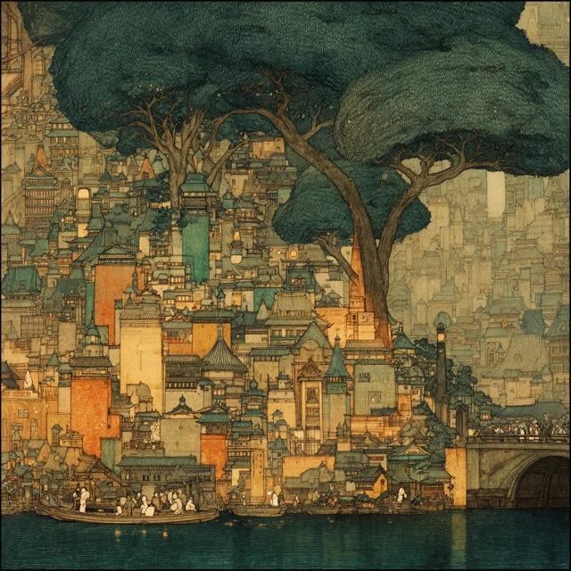 Tokyo Cityscape in the Style of John Bauer