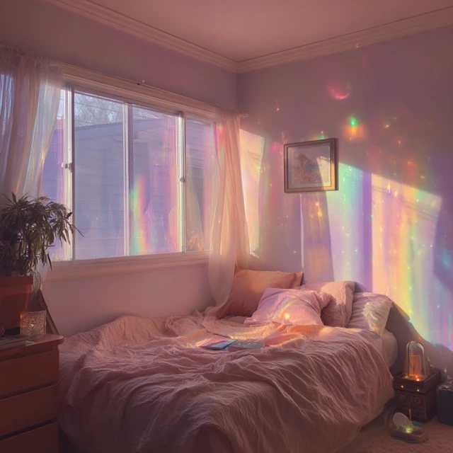 Dreamy Bedroom with Rainbow Light and Pastel Colors