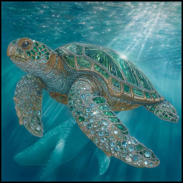 Emerald Turtle Swimming with Whales Realistic Dreamy