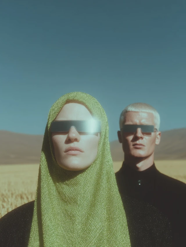 Futuristic Muslim Couple in Desert Hyperrealistic Portrait