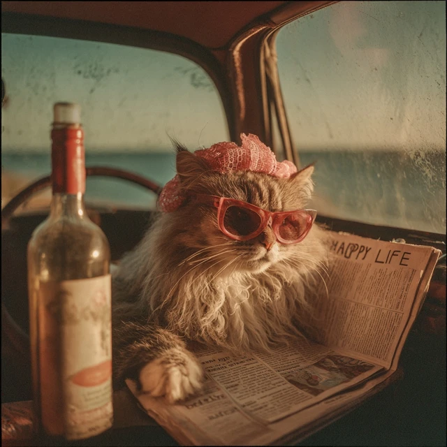 Cat on a Beach Road Trip Vintage Polaroid