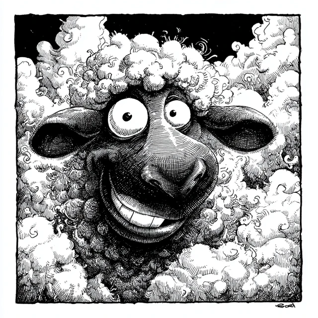 Black Sheep Cartoon Illustration Pen and Ink
