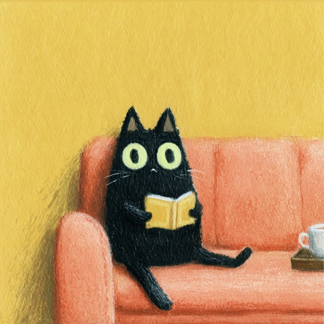 Black Cat Reading Book Relaxing on Couch