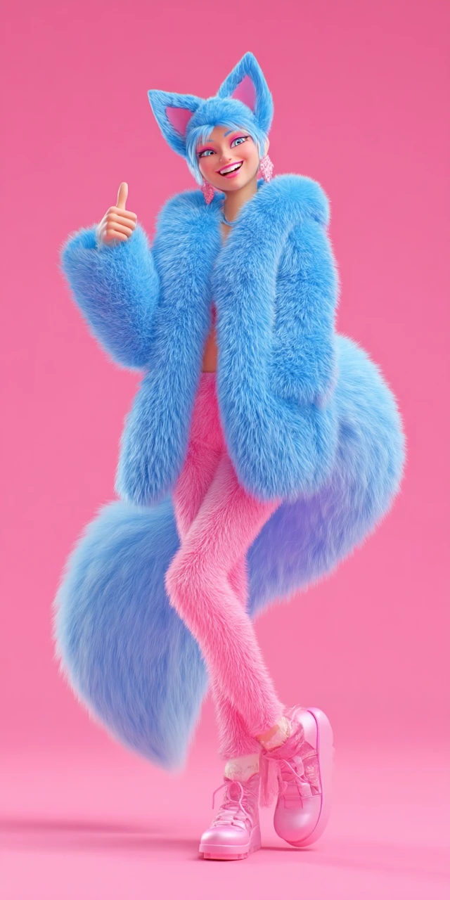 Blue Fox Girl Pink Outfit Thumbs Up 3D Art