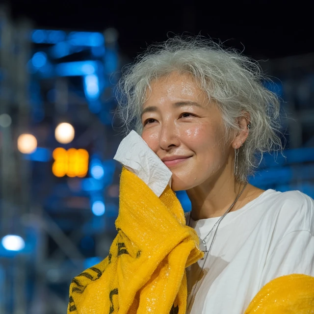 Smiling Korean Woman Wiping Tears at a Performance