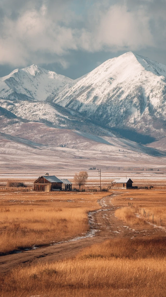 Snowy Field with Ranches and Mountains