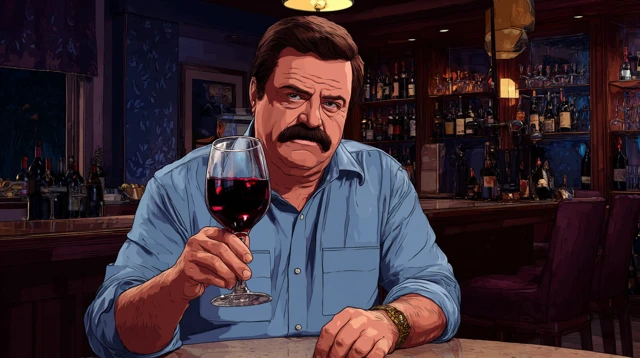 Ron Swanson Enjoying Wine at a Wine Bar Illustration