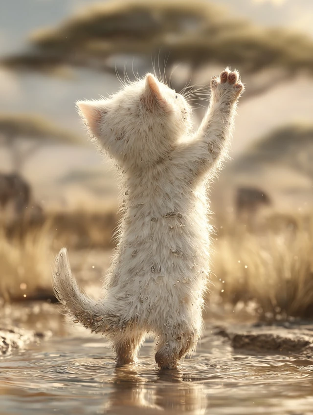 Tiny Kitten Cheers in Muddy Water African Savannah