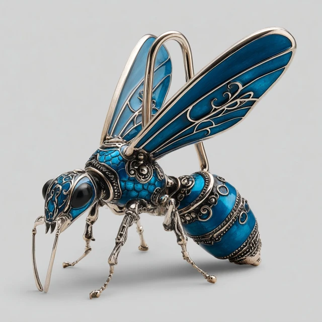 Ornate Blue Enamel and Silver Ant HR Giger Style