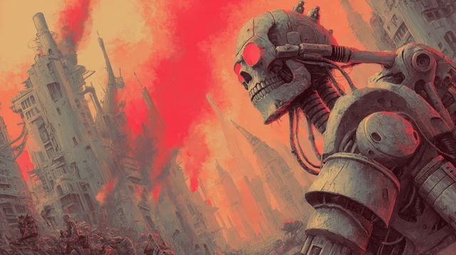 Robotic Skull Horror Art Apocalyptic Scene