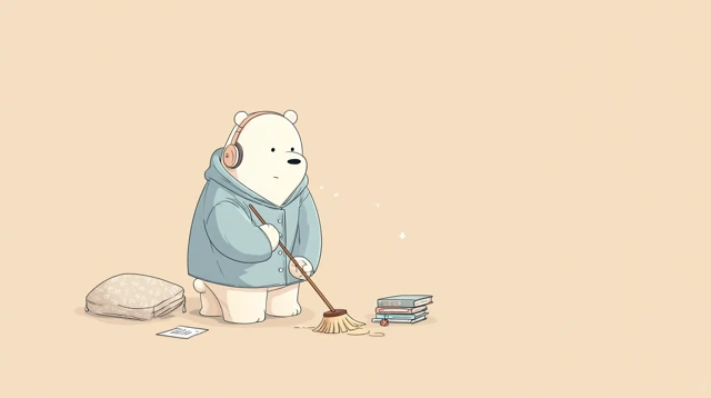 Cartoon Bear Sweeping with Headphones Illustration