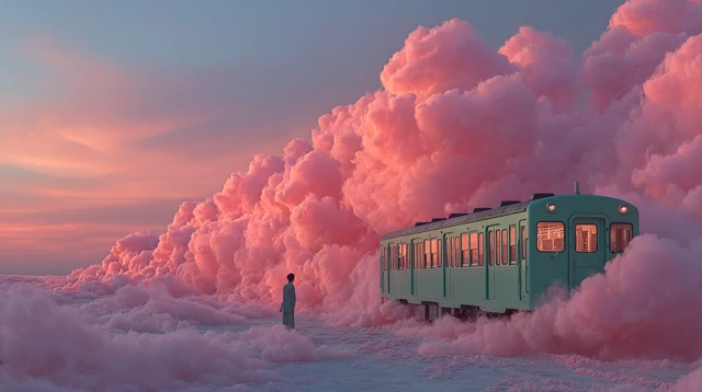 Dreamy Train in Cotton Candy Clouds Surreal Art